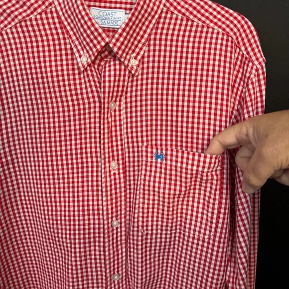 Coast Boardwalk Men’s L Red White Gingham Button Down Shirt Long Sleeve USA - Picture 2 of 7